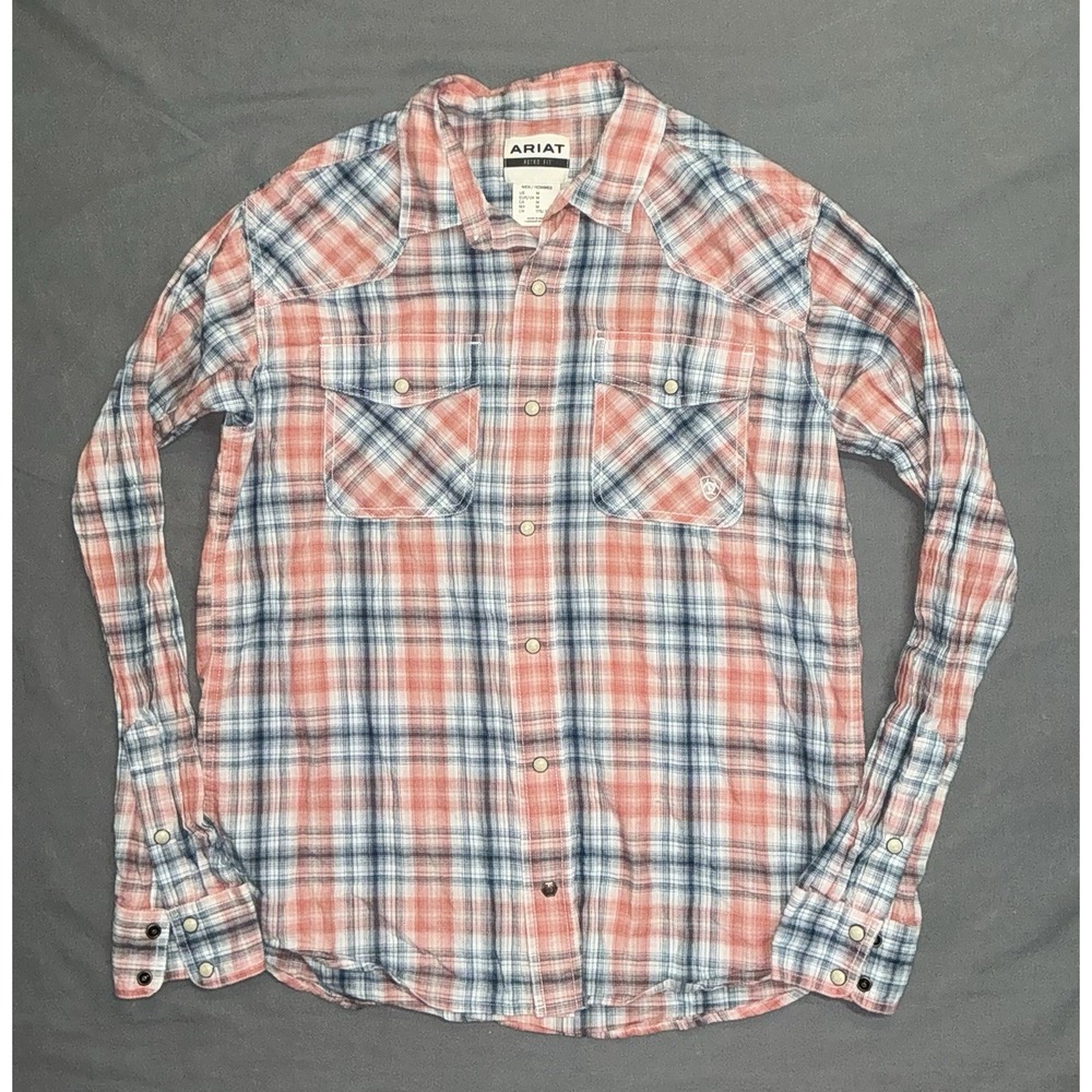 Ariat Retro Fit Plaid Woven Flannel Western Shirt Size M Aztec Pearl Snap